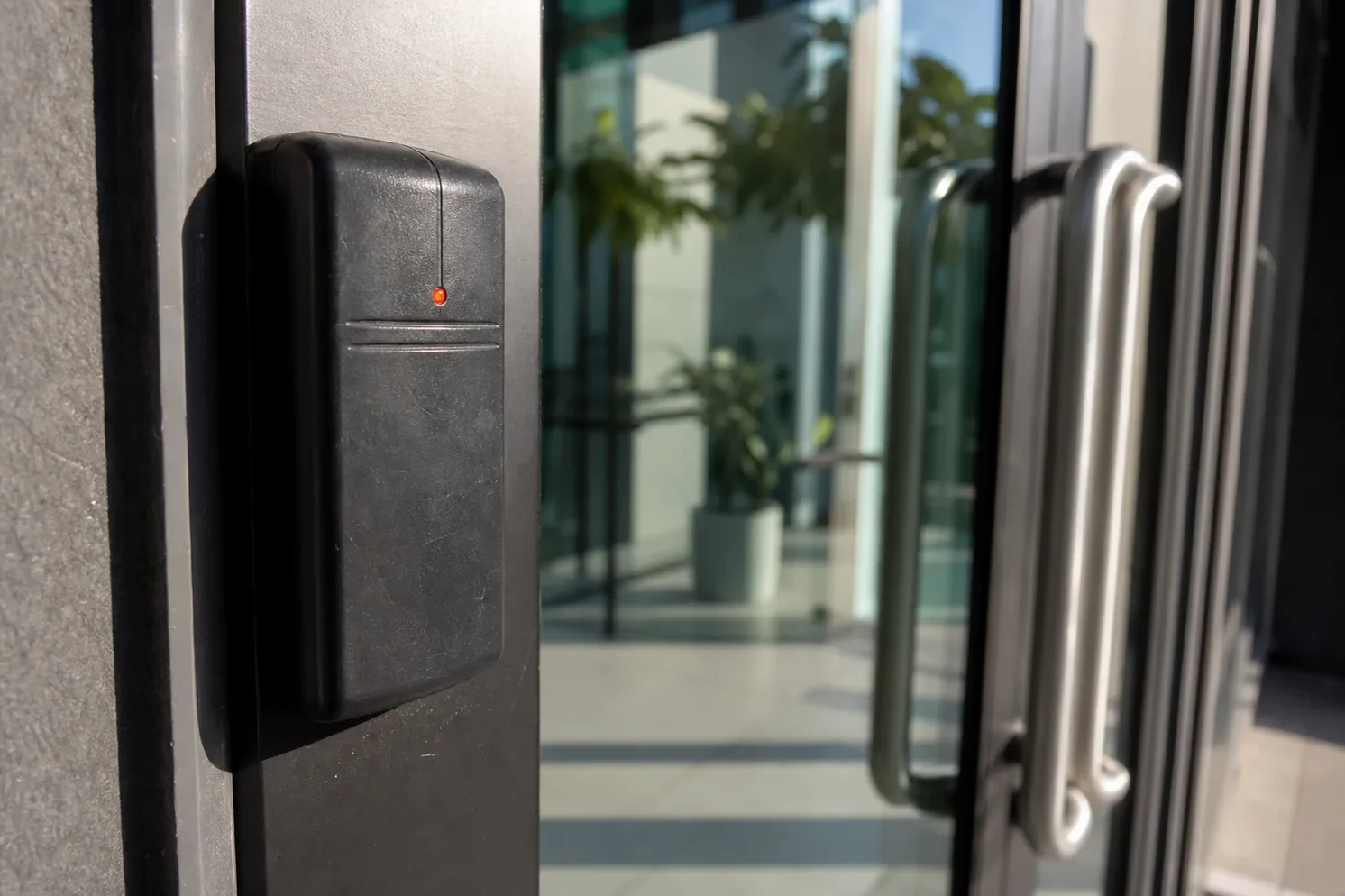 Access control card reader beside an office door in Mountain View, CA