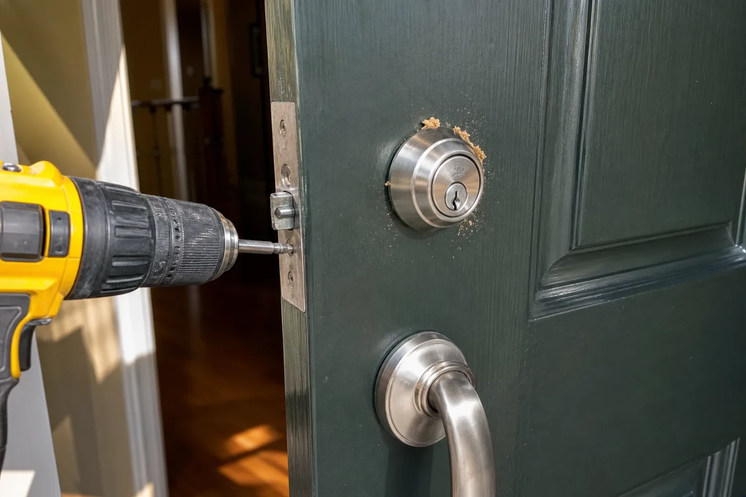 New deadbolt being installed in a front door