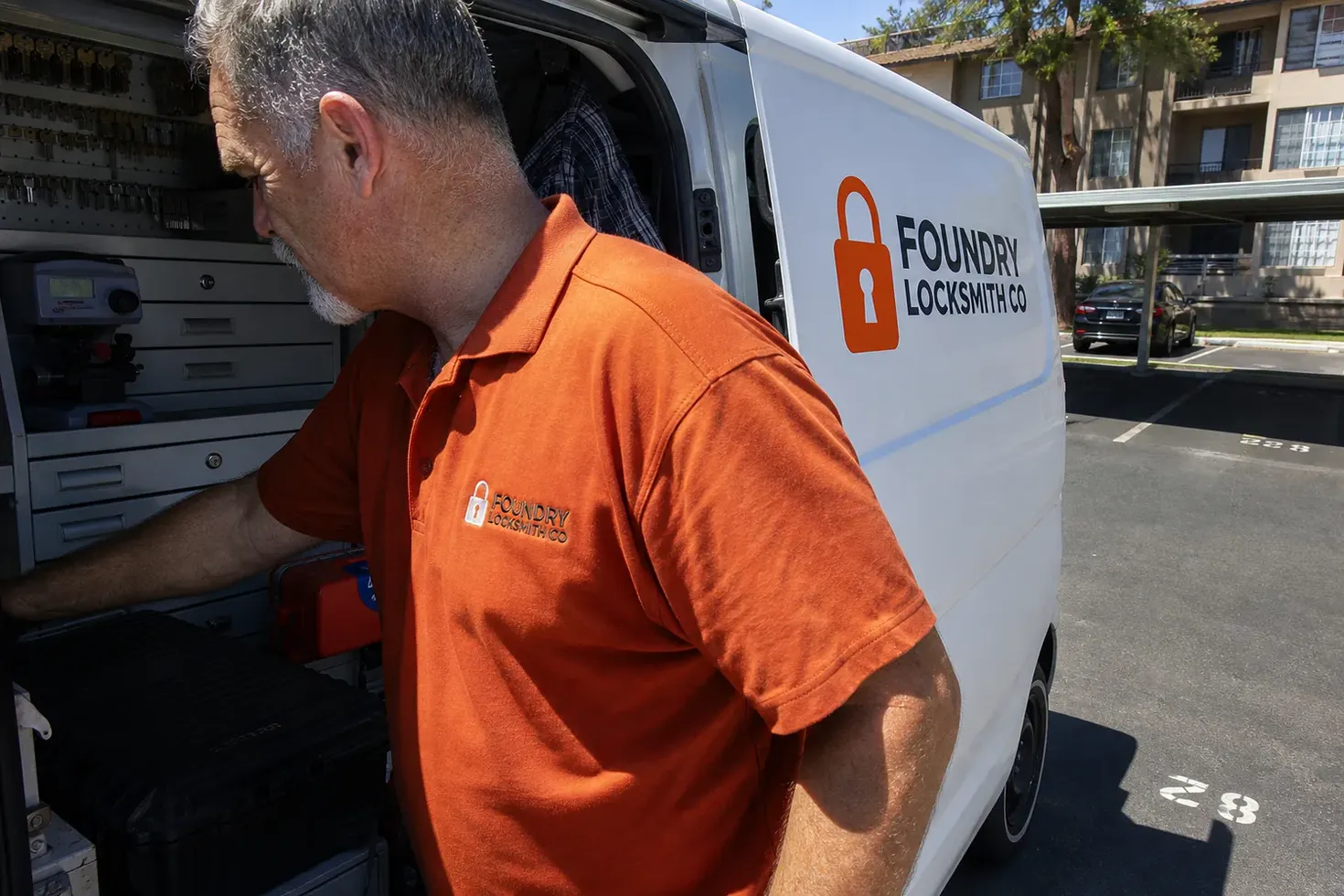 The Foundry Locksmith Co service van, stocked for lockouts and key cutting in Mountain View