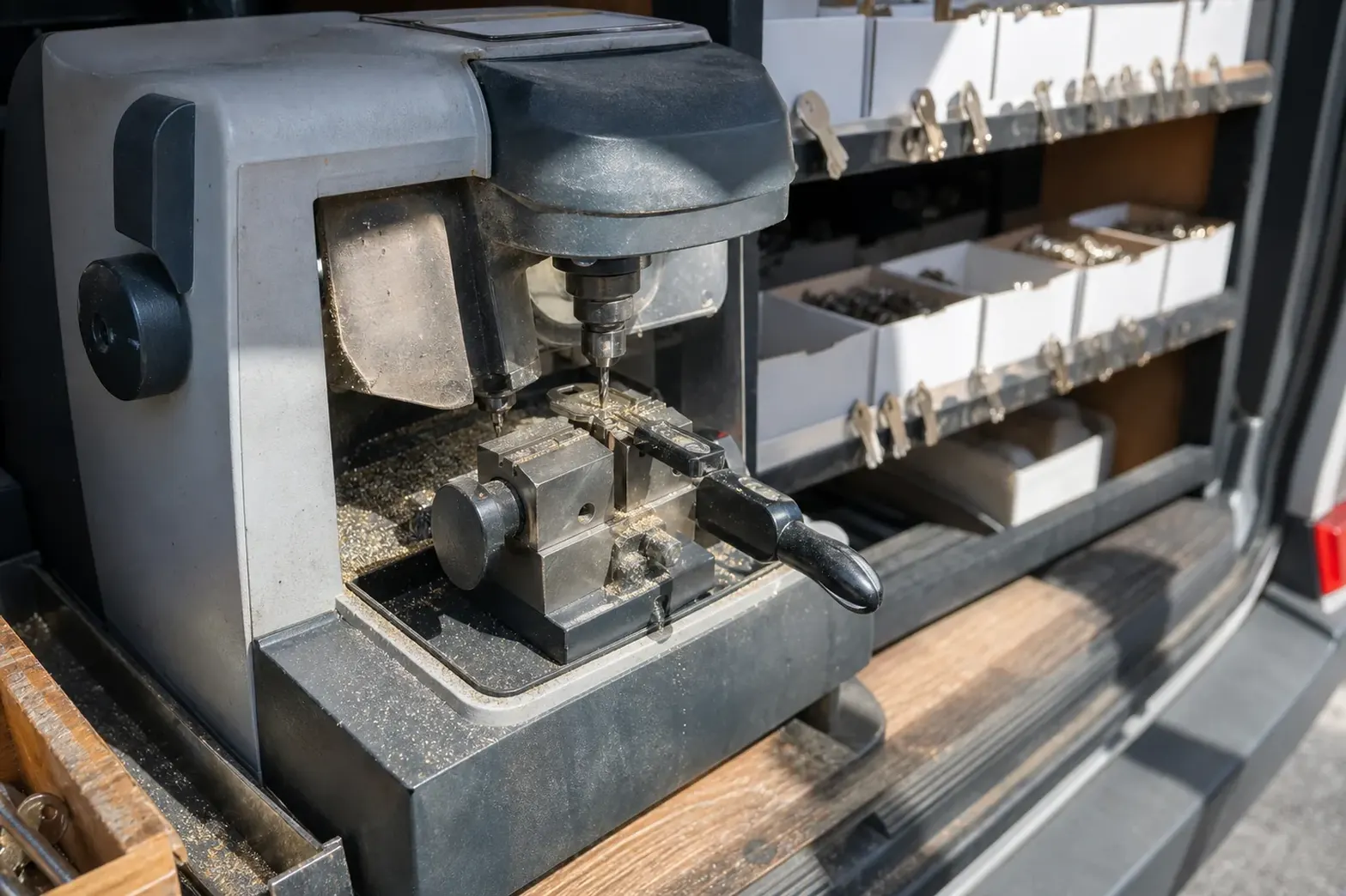 Key cutting machine in the service vehicle, CA